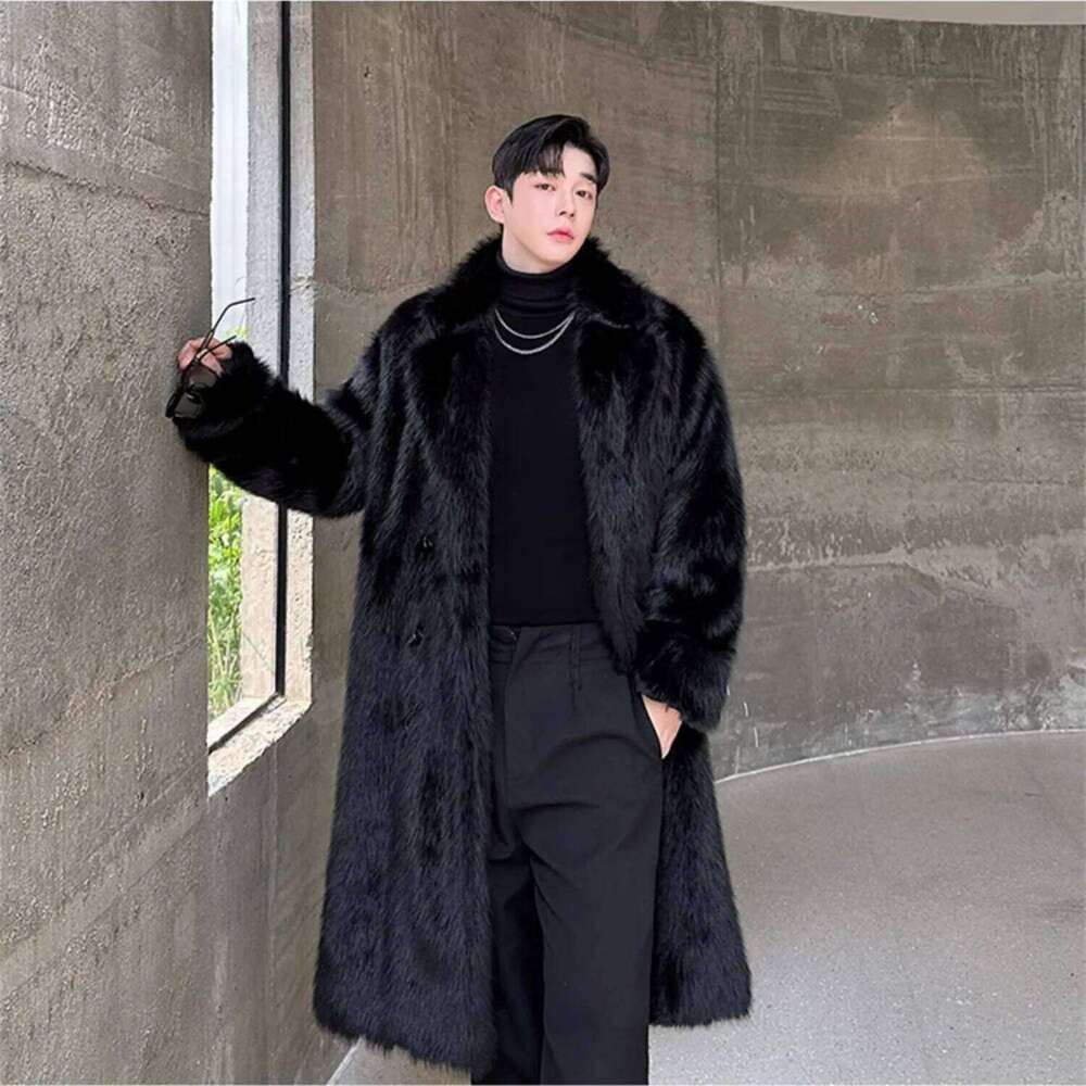 Black Faux Fur Coat Man Fashion Winter Thickened Warmer Fluffy Long Cotton-padded Jacket Overcoat Z260313