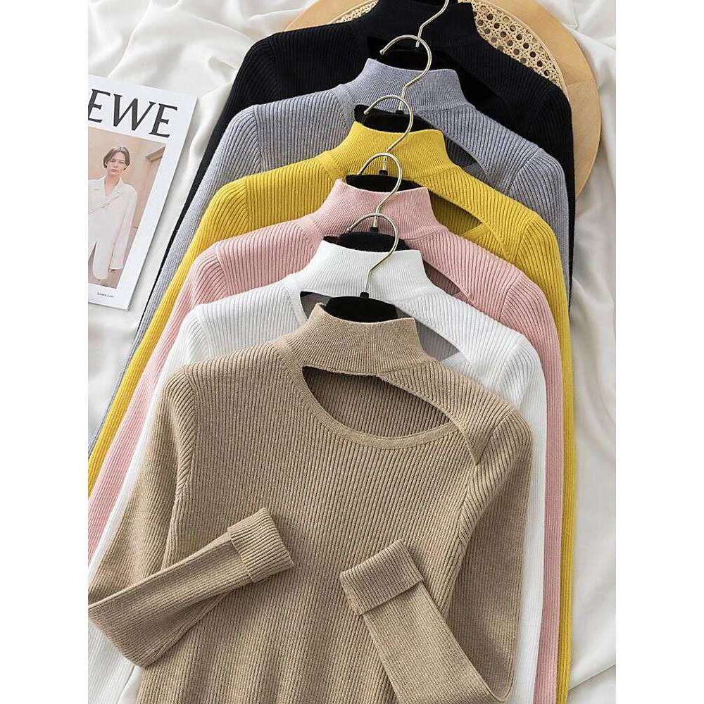 Skew Hollow-out Pullovers for Women Long Sleeve Half High Collar Knitted Sweater Female Korean Solid Jumper Pull Femme Sweaters Z260313