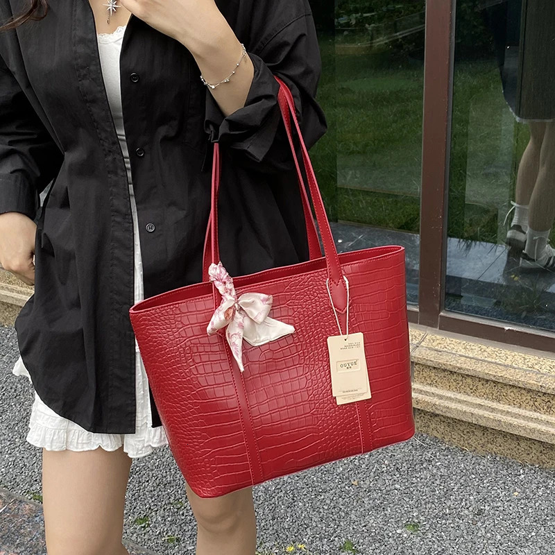 MOODS Crocodile Pattern Women Bag Big Capacity Shopping Shoulder Totes Pure Color Soft PU Leather 2025 Latest Handbag With Scarf 260303