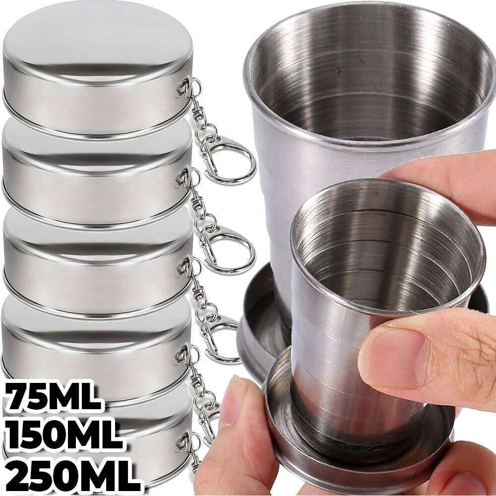 Retractable 75/150/250ml Stainless Steel Outdoor Portable Folding Cup with Lid Keychain Collapsible Shot Glasses Drinkware Z260314