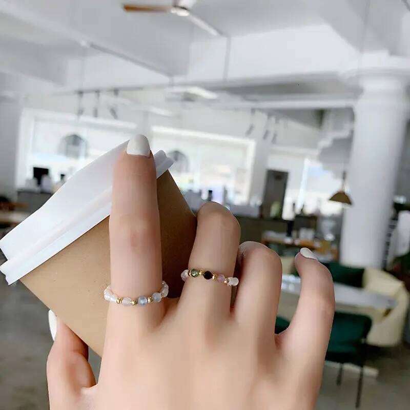 New Retro Crystal Beaded Rings Natural Freshwater Pearl Geometric Ring for Women Korean Minimalist Girl Party Jewelry Gift H260312
