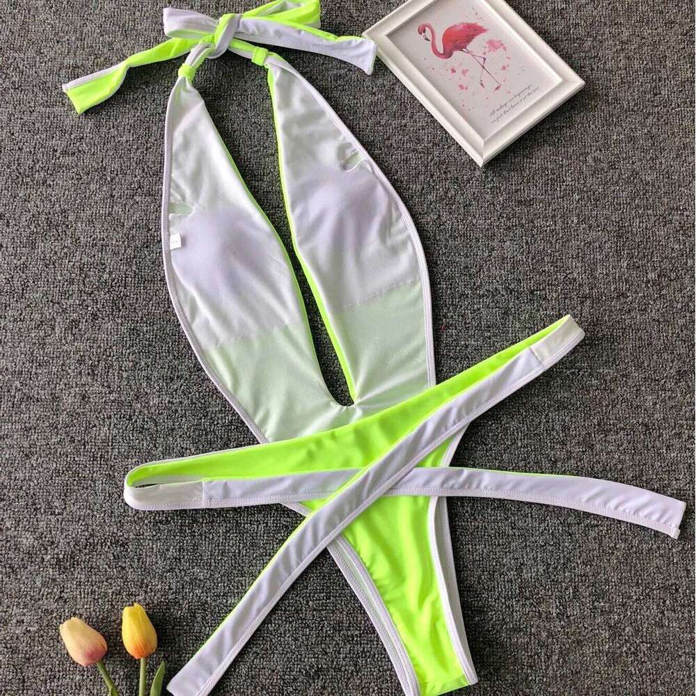 Sexy One Piece Swimsuit Thong Monokini Swimwear Women 2023 New Backless Cut Out Halter Bandage V Neck Plunging Bathing Suit Y260303