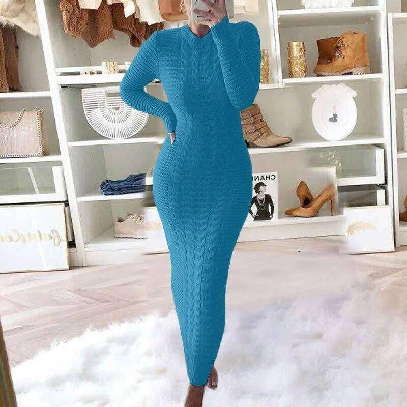 Fashion Twist Flower Round Neck Knitted Sweater Dress,Women's Autumn and Winter Solid Color Pullover Long-sleeved Dress,vestidos Z260314
