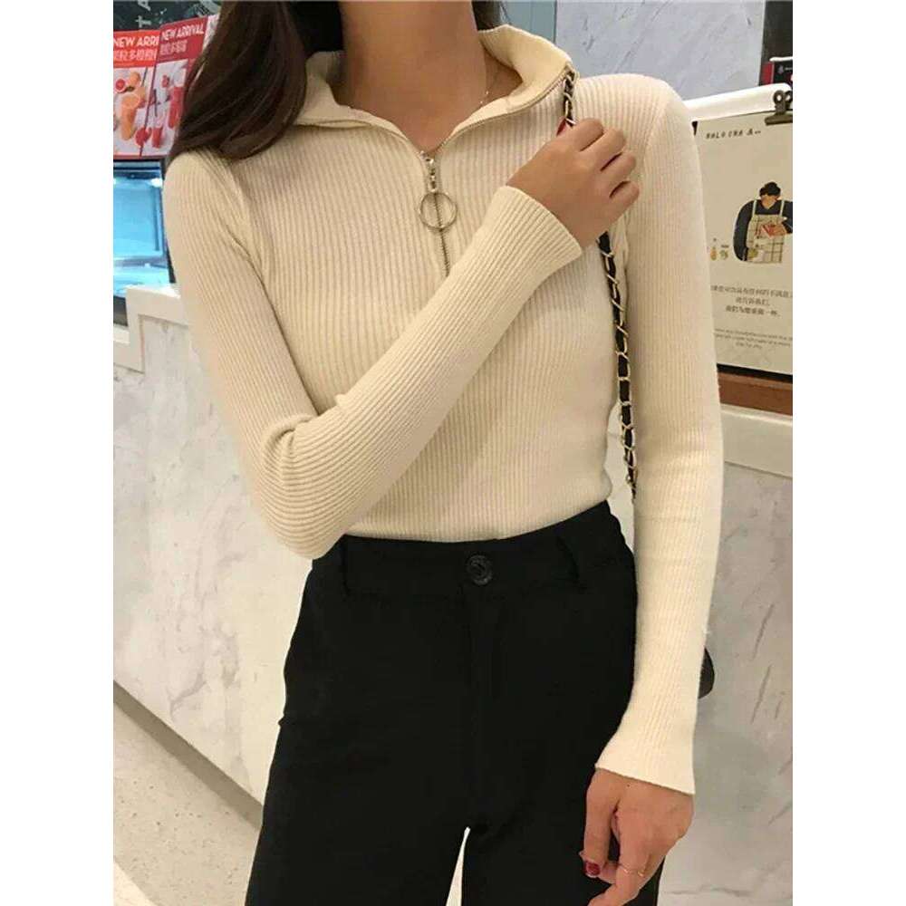 2025 Korea Knitted Zipper High Neck Sweater Pullovers Autumn Winter Basic Women Turtleneck Sweaters Slim Fit Pull Femme Z260313
