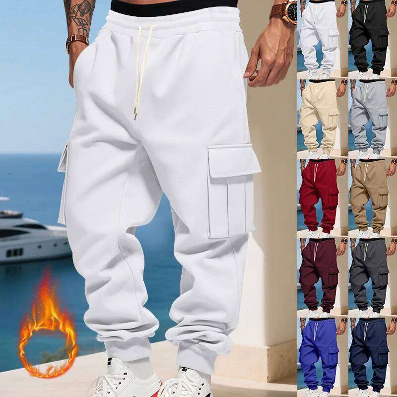 Men's Heavyweight Fleece Casual Pants Autumn Winter American Loose Sports Multi-pocket Cargo Jogging Trousers Z260315