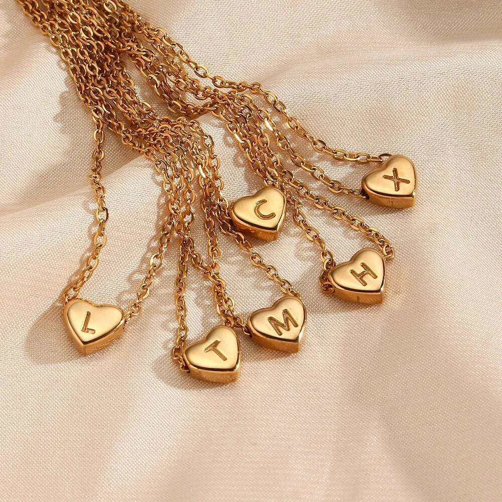 Ladies Minimalist Small Initial Jewelry Stainless Steel 18k Gold Plated Mini Heart Shape Letter Pendant Necklace H260312