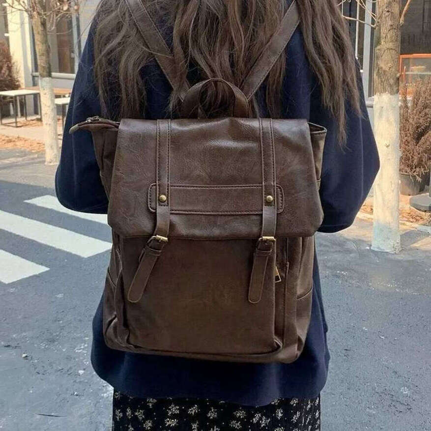 OLOEY Large Capacity Vintage Women Backpack PU Leather Preppy Student School Mochila Rucksack Shoulder Bag Female Premium Backpack
