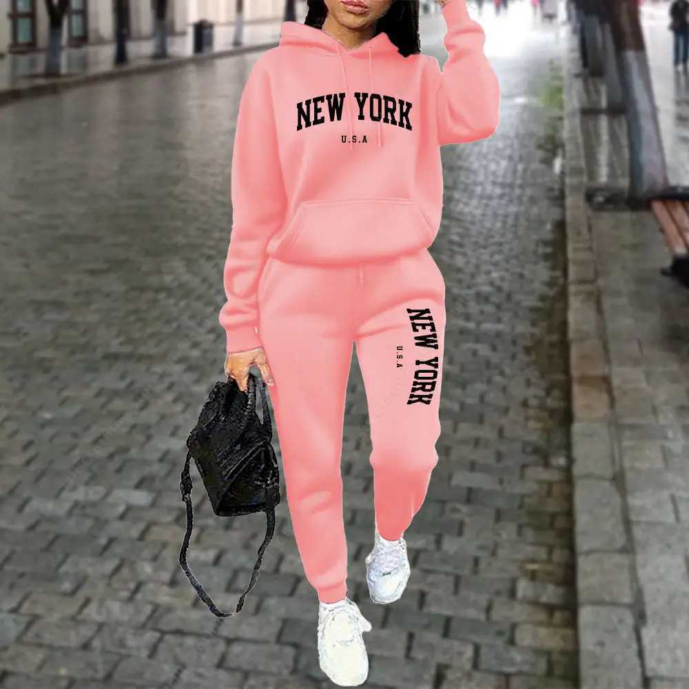 NEW YORK Womens TraCKsuit Autumn Winter Hoodies Trousers 2PCS Suit Sports Jogging Street CloTHes Women Pants Sets M260313