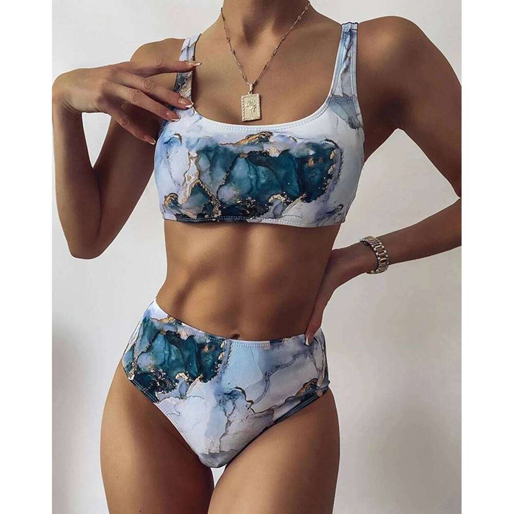 2025 New Print Sport Bandeau Push up Bikinis Sexy Marble Swimsuit High Waist Swimwear Women bathing suit Beach wear Y260303