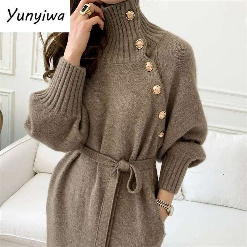 Winter Turtleneck Buttons Women Knitted Elegant Full Sleeve Lace-up Female Thicken Long Dress for Sweater Autumn New Z260314