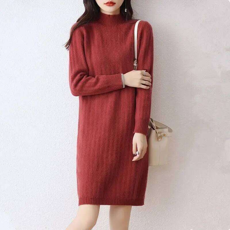 Autumn Winter New Women Solid Half High Collar Temperamen Fashion Long Sleeve Mid-length Straight Loose Knittd Dresses Z260313