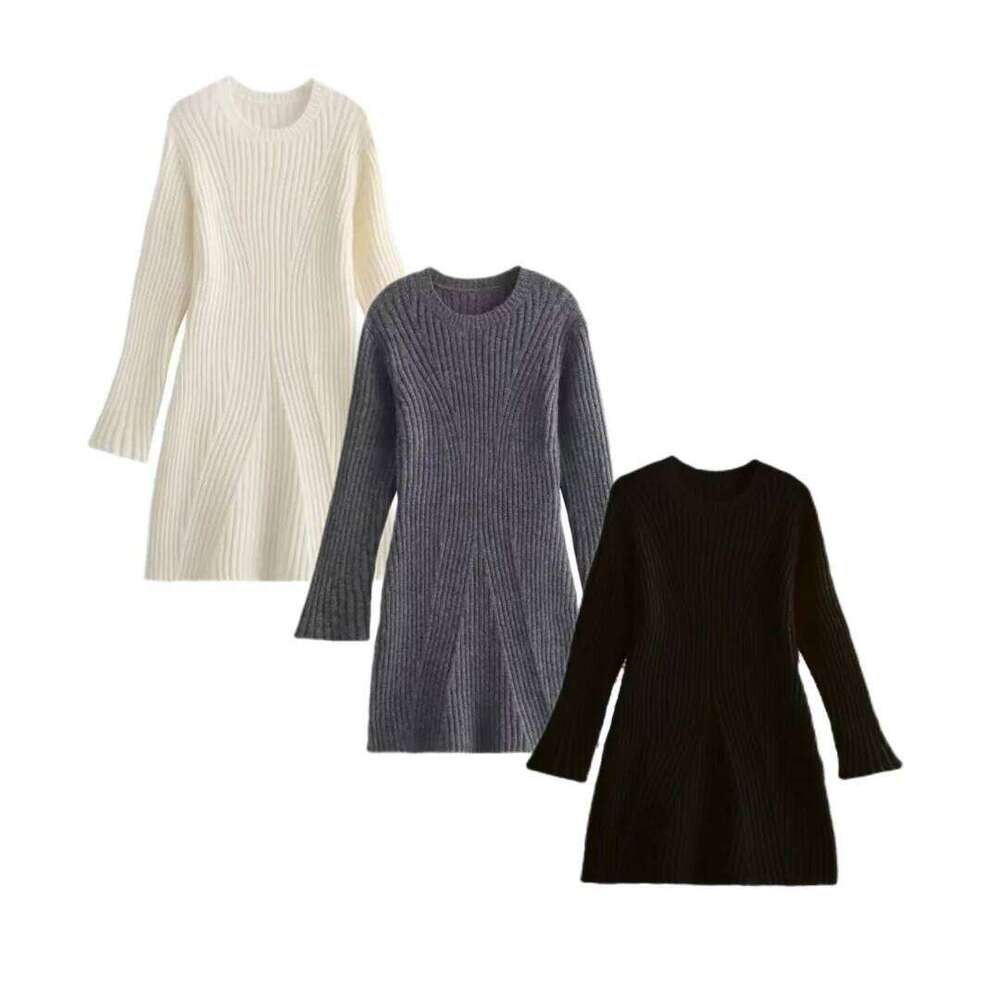 Women Mini Sweater 2025 Autumn Winter Women's New Fashionable Ribbed Knitting One Piece Dress Z260314