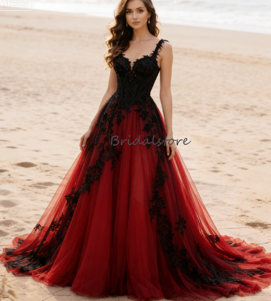 Retro Bohemian Black And Red Gothic Wedding Dress 2026 Halloween Vampire A Line Tulle Beach Lace Bridal Gown Backless Civil Boho Country alternatif Ve