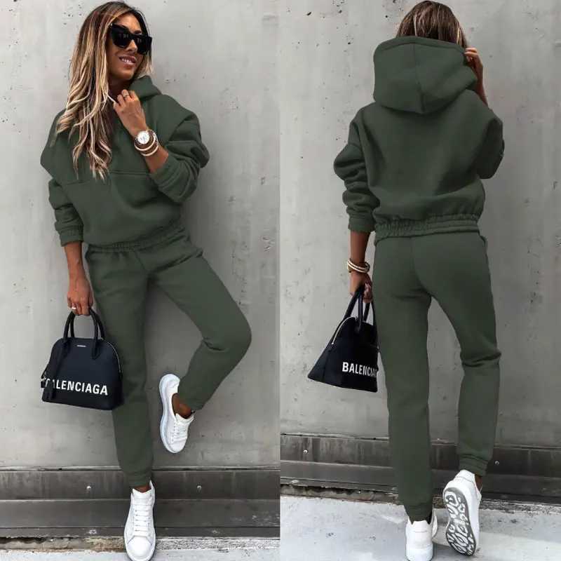 Winter Tracksuit Women Two Piece Set - Oversized Hoodie Sweatpants Solid Color Sportswear Suit Casual Sweatshirt Trouser Set M260313