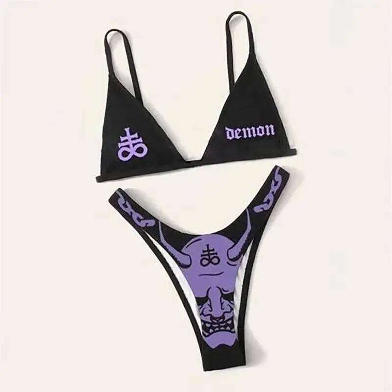 Sexy Gothic Bikini 2025 Women Demon Print Bra Thong Swimsuit Split Bathing Suit Underwear Y2K Bikinis Punk Swimwear Y260303