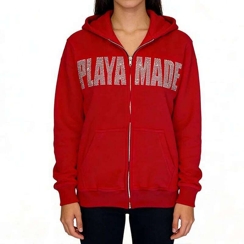 High Street Letter Rhinestone Creative Long Sleeve Casual Hoodie Aesthetic Dopamine 2000s Autumn Winter Women Zipper Sweatshirt Z260314