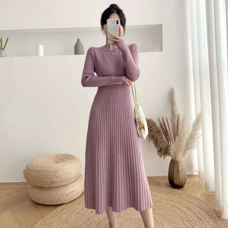New Autumn Winter O-neck long sleeve knitted French Style high waist solid slim mid-length A-line sweater Dress Z260313