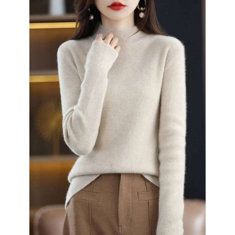 Basic Merino Wool Women Sweater Autumn Winter Korean Mock Collar Slim-Fit Knitted Pullover Long Sleeve Office Lady Clothing Tops Z260313