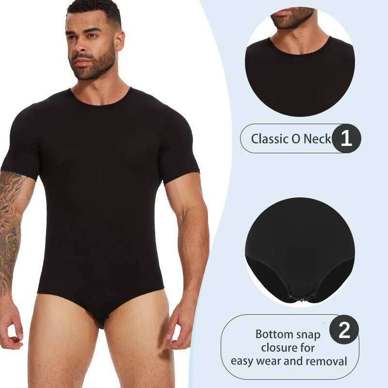 Mens Round Neck Bodysuit Short Sleeve Jumpsuit Press Crotch Underwear Adult Leotard for Shapewear Compression Romper Undershirt 26Y0313