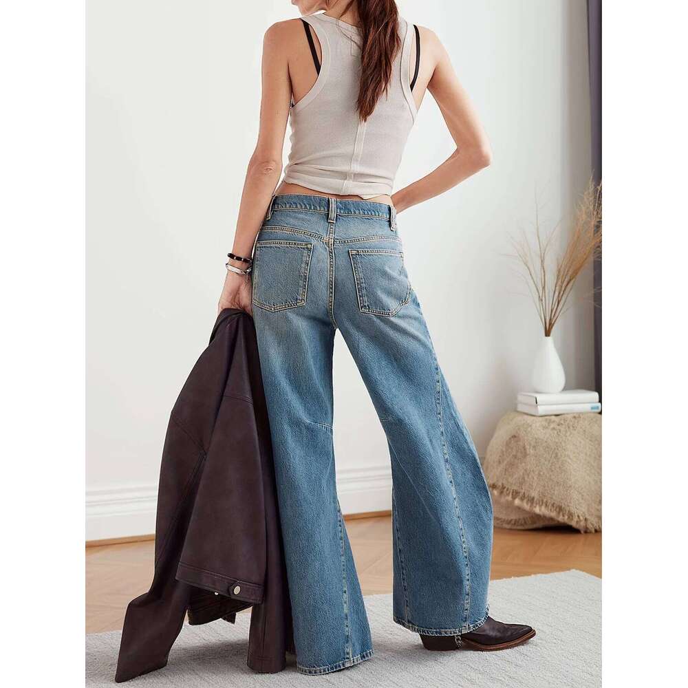 Street fashion retro flared women's washed low waist light blue wide leg ladies jeans for going out all-match style Z260313