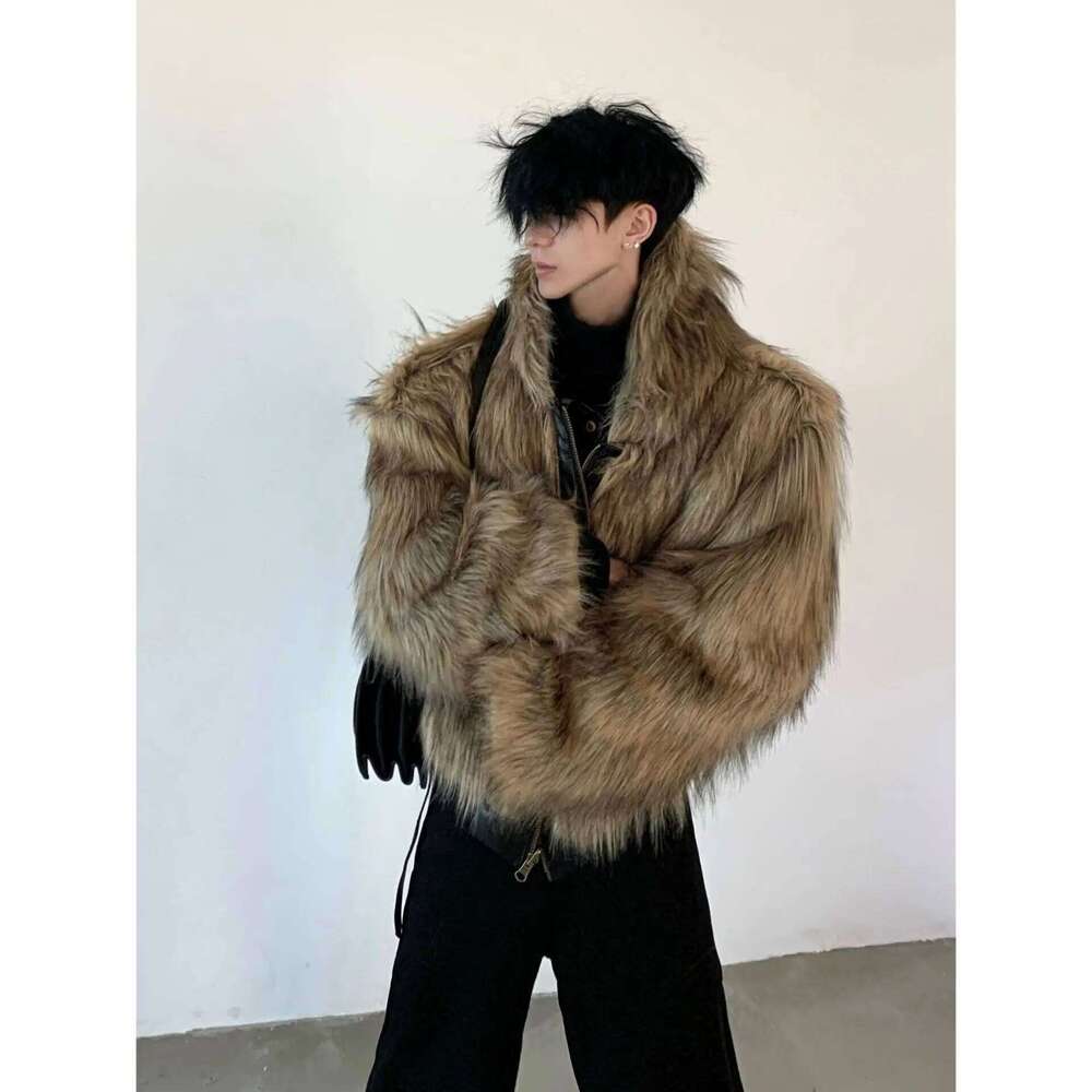 Men Faux Fur Jacket Coat Pu Leather 2025 Winter Thick Warm Outerwear Spliced Hooded Zipper Pockets Vintage High Street Overcoat Z260313