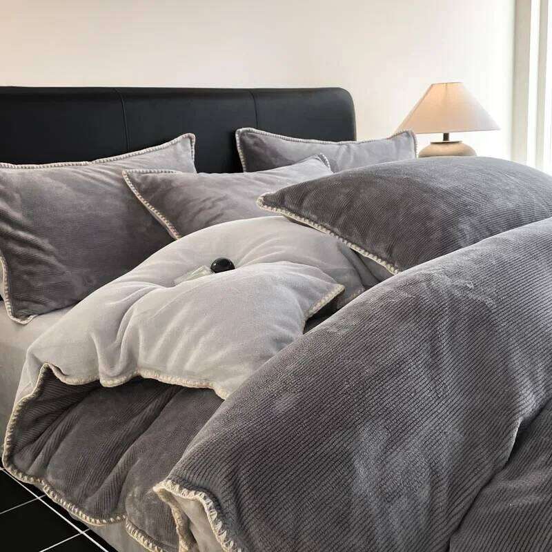 2024 new matte thin strip shell edge winter four-piece set milk coral fleece thickened warm bed sheet quilt cover H260312 - view 6