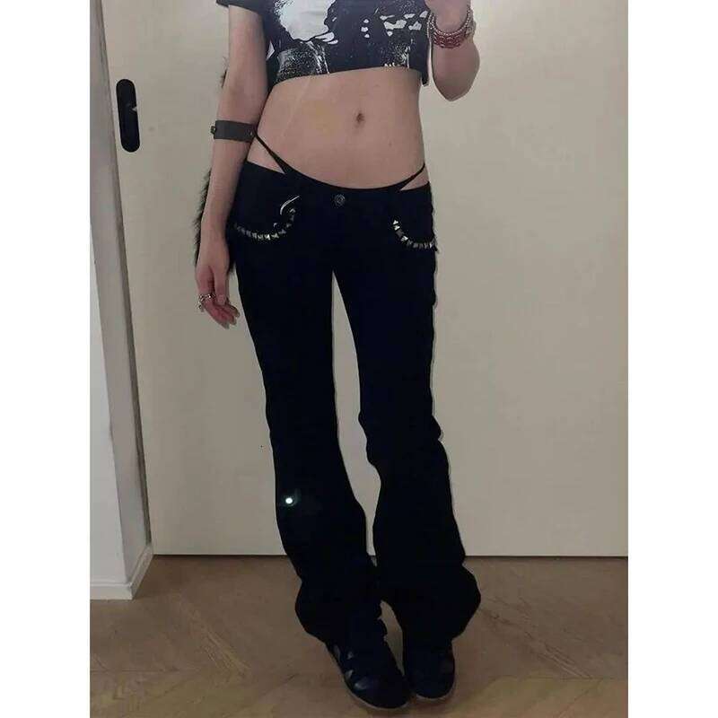 Women Vintage Black Low Rise Flared Jeans Denim Pants American Retro Rivet Slim 90s Bell Bottom Y2k Harajuku Kpop Trousers Z260313