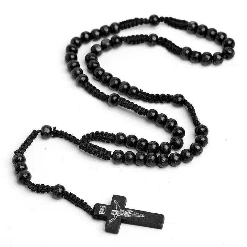 8mm Beads Rosary, Handcrafted Beads, Orthodox Catholic Cross Necklace, Wooden Braided Rope, Spiritual Prayer Gift H260312