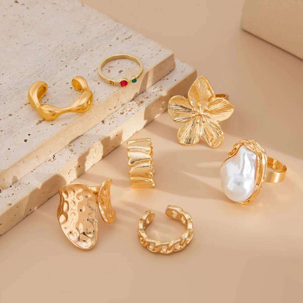 Ingemark 2025 New Fashion Metal Flower Open for Women Creative Baroque Imitation Pearl Rings Y2K Bridal Wed Jewelry Gift H260312