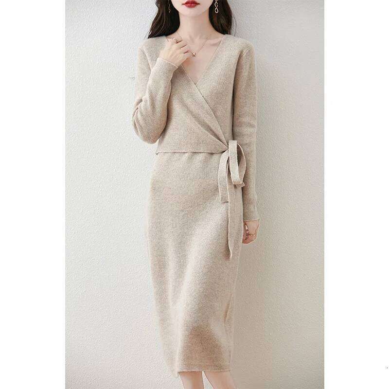 Women V-neck 100% Merino Wool Dress Sweater Autumn Winter Crossing Lace-up Long Sleeve Pullover Knit Skirt Office Lady Knitwear Z260314