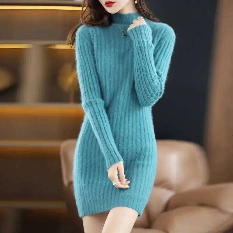 Imitation Mink Fur Chic Fashion Sweater Dress Winter Women Autumn Half High Collar Loose Pullover Korean Knitted Dresses Z260314