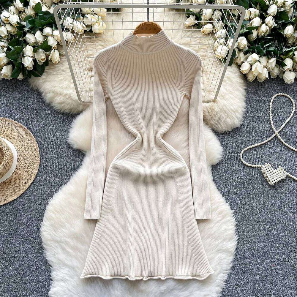 REALEFT Autumn Winter French Style Women's Knitted A-line Solid Long Sleeve Turtleneck Casual Bottom Wrap Dresses Female Z260314