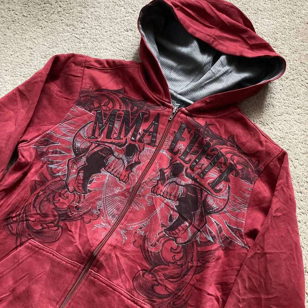 2024 New American Vintage Y2k MMA Elite Zip Up Hoodie Size Small Skull Wing Graphic Men Street Hip Hop Casual Sweatshirt Unisex Z260314