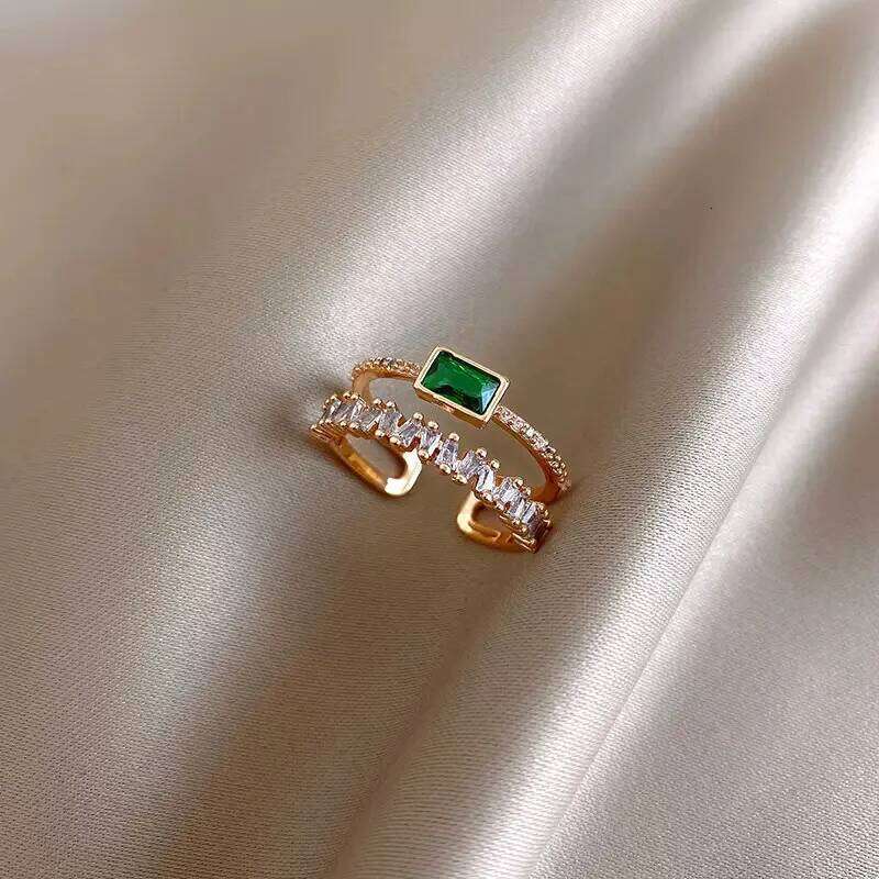 LATS Luxury Green Zircon Gold Color Double Open Rings for Woman 2022 New Fashion Goth Finger Jewelry Wedding Party Sexy Ring H260312