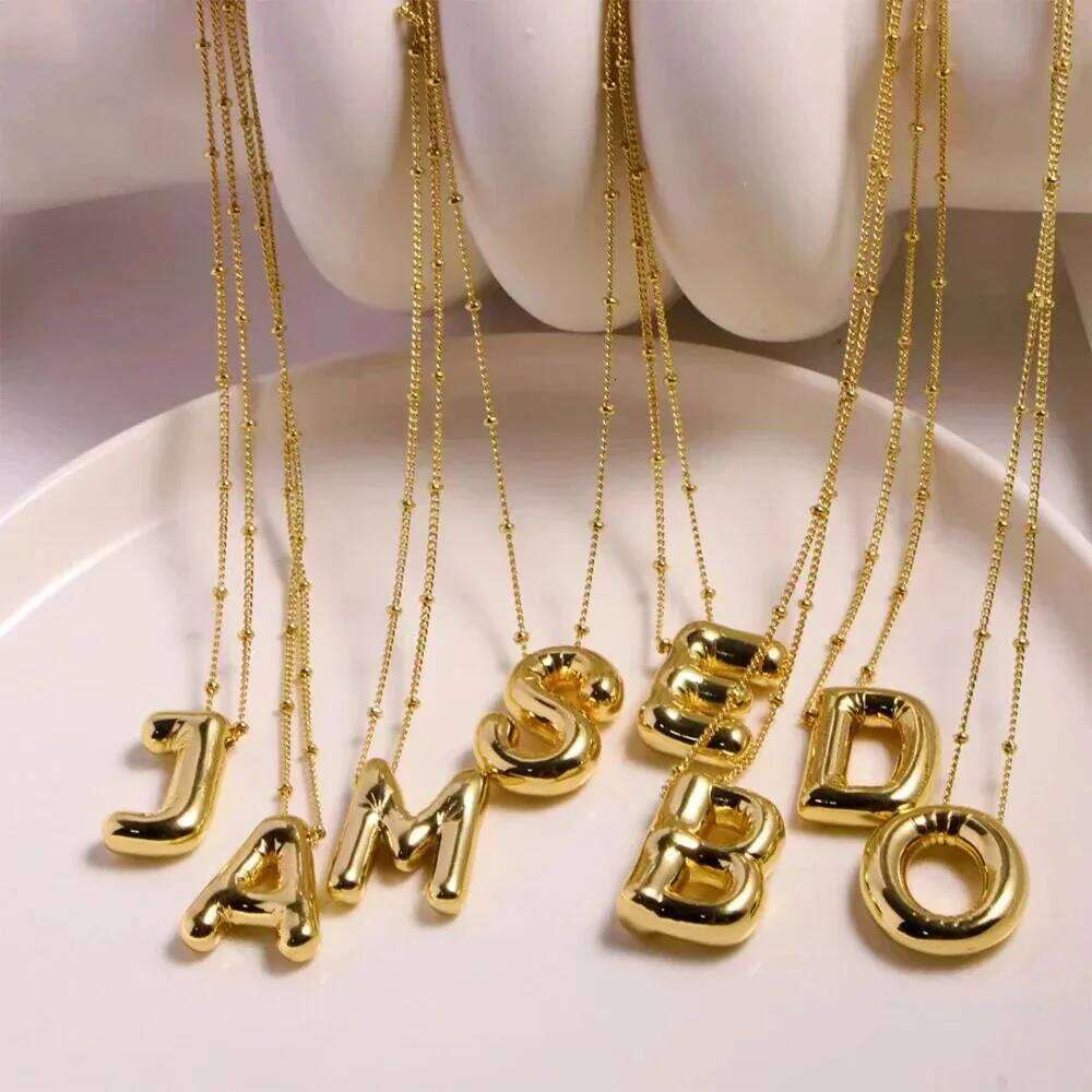 Delicate Chunky Alphabet Balloon Bubble Initial Letter Pendant Necklace for Women Men Stainless Steel Gold Plated Necklaces H260312