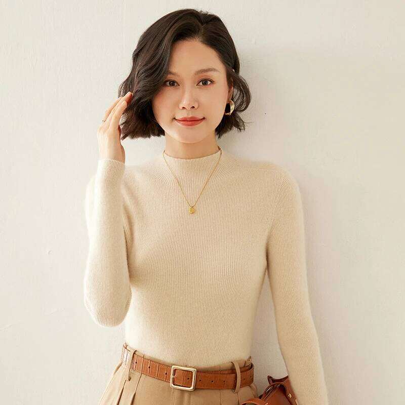 One-line Striped Half-high Collar Autumn and Winter 100% Cashmere Fashion Pullover Sweater Women Slim Bottoming Knitwear Z260313