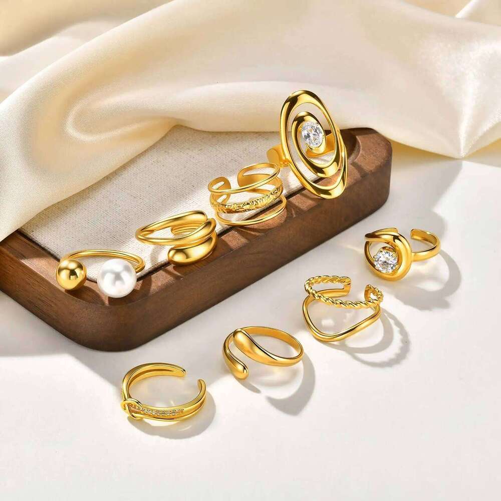 Fashion Stainless Steel Open Minimalist for Women, Unique Adjustable Geometric Stacking Ring Gold Plated Waterproof Jewelry H260312