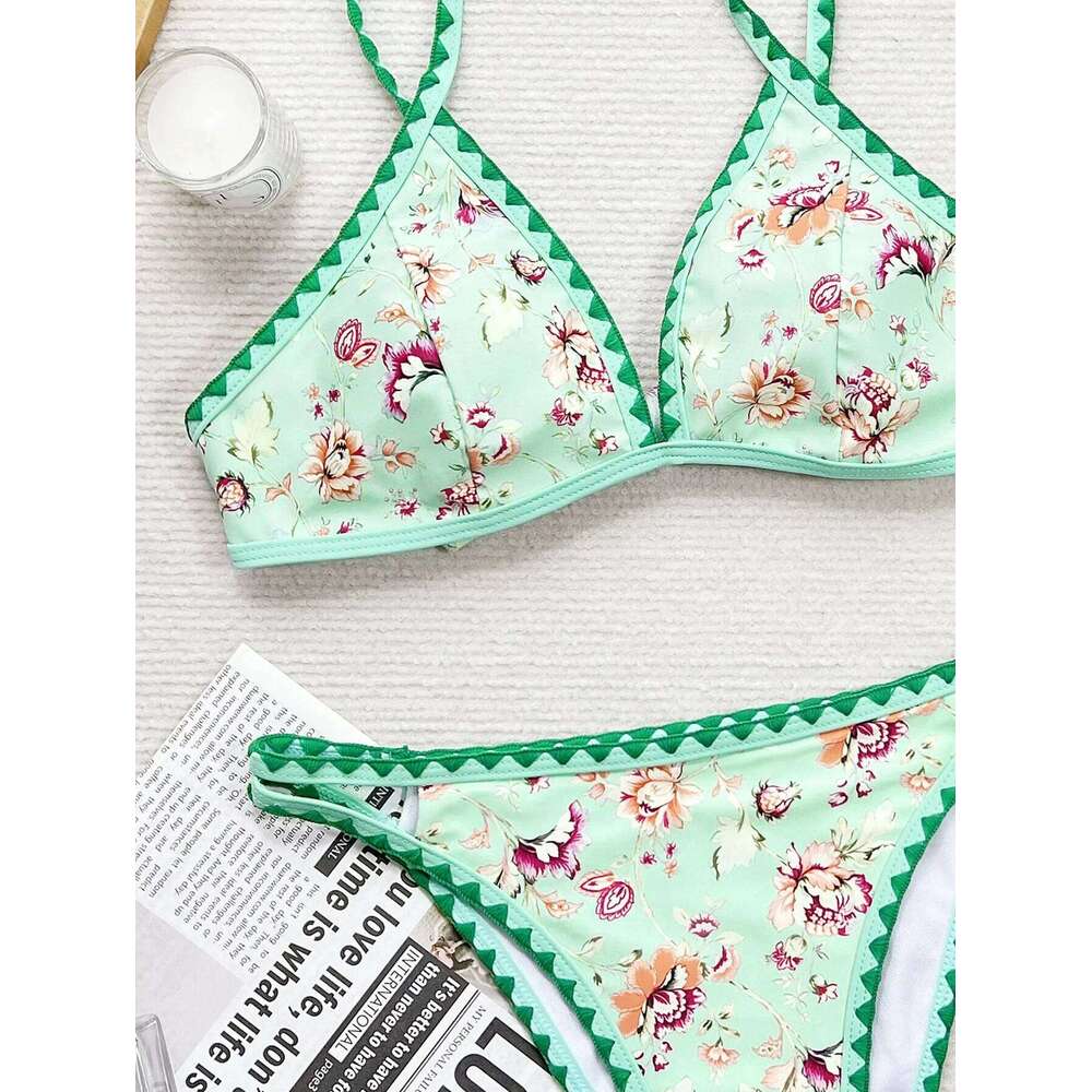 sexy green floral print bikinis sets two pieces back tie swimwear bohemian swimsuit women biquini thong bikini set bathing suits Y260303