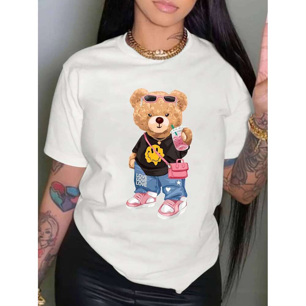 Cool Little Bear Print T-shirt Short Sleeve Crew Neck Casual Top for Summer & Spring Women's Clothing Z260314