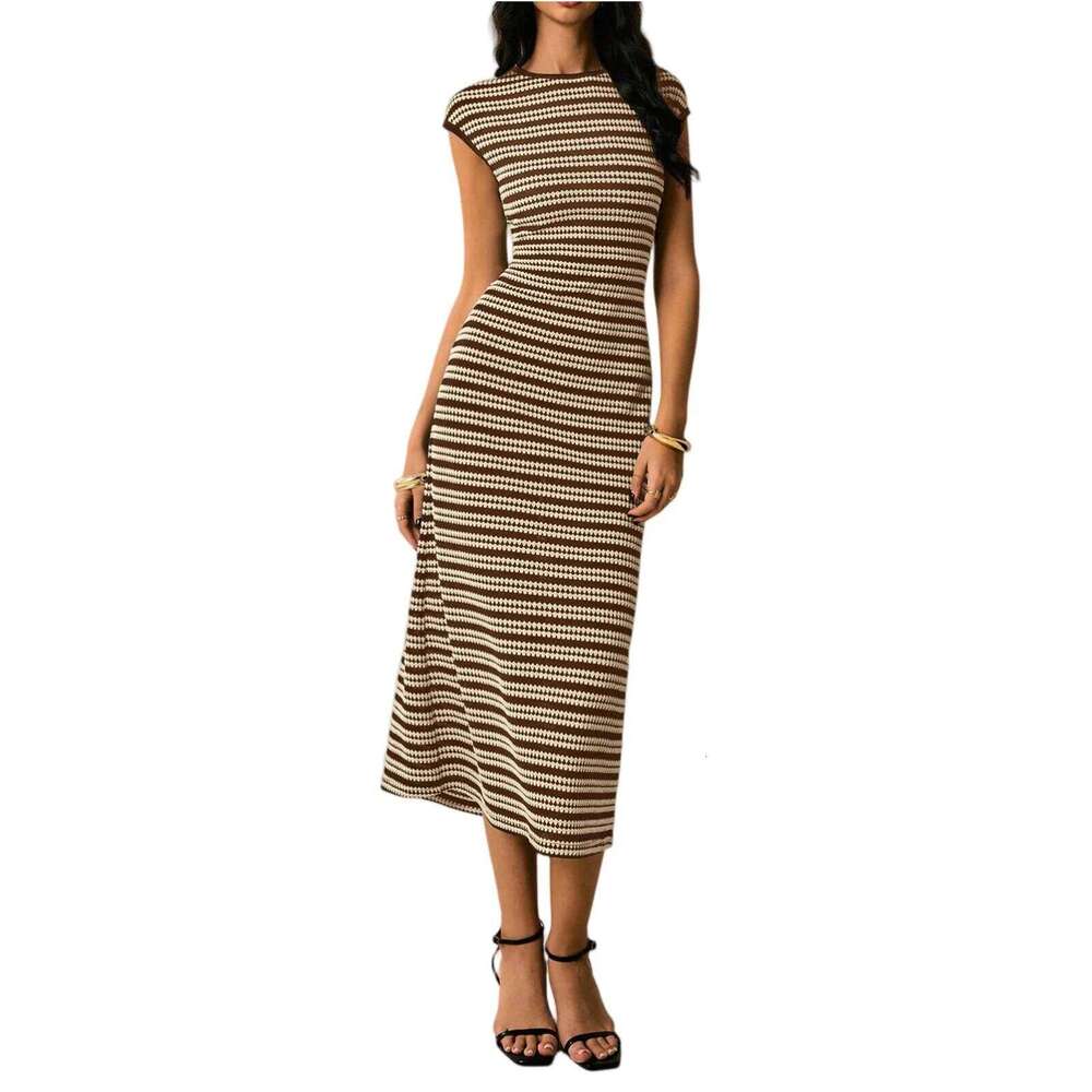 Women's Spring Slim Fit Striped Knit Dress Fashion Casual Color Blocked Waist Cinched Round Neck Short Sleeved Long Dresses Z260314