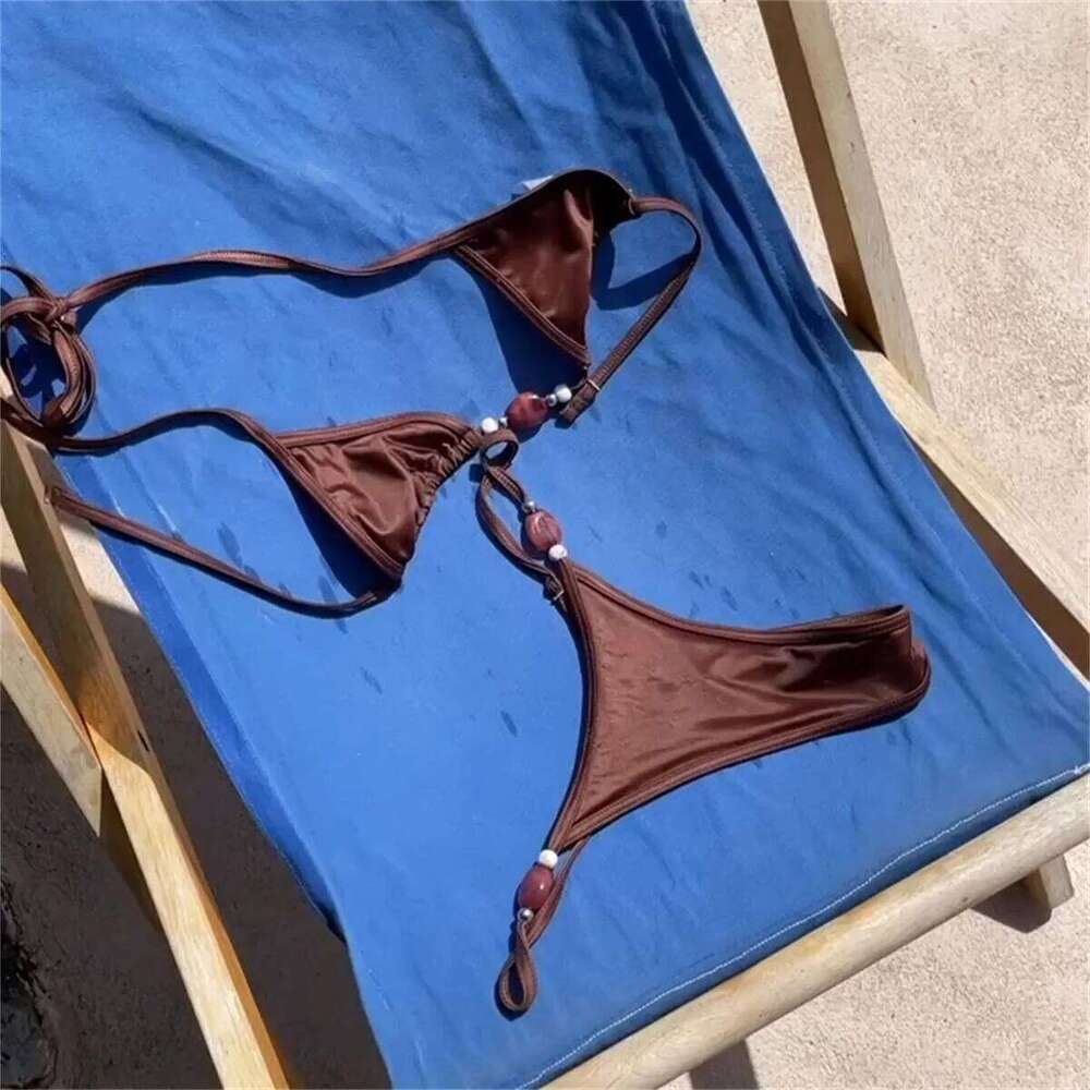 Sexy Bikini Women Swimsuit Female Swimwear Bandeau Biquini Thong Bathing Suit Shiny Swimming Suits Halter Bodysuit Beachwear 26H0313
