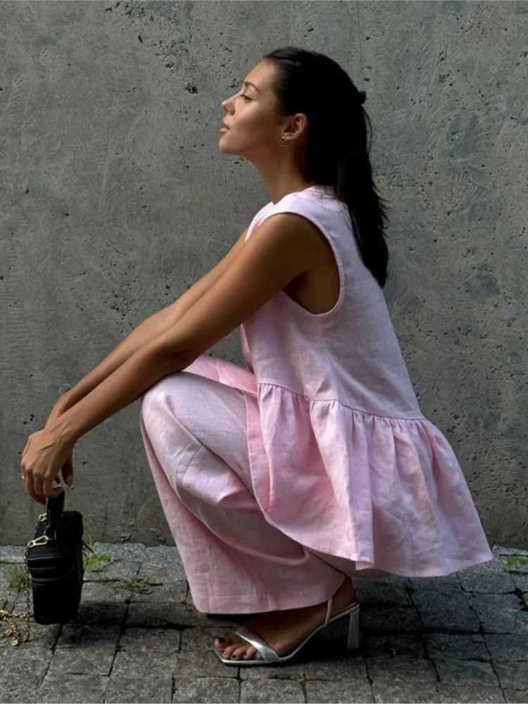 Fashion Pink Cotton Linen 2 Piece Set Women Summer Chic Elegant Outfit Sleeveless Ruffles Tank Top And Loose Wide-leg Pants Sets M260313