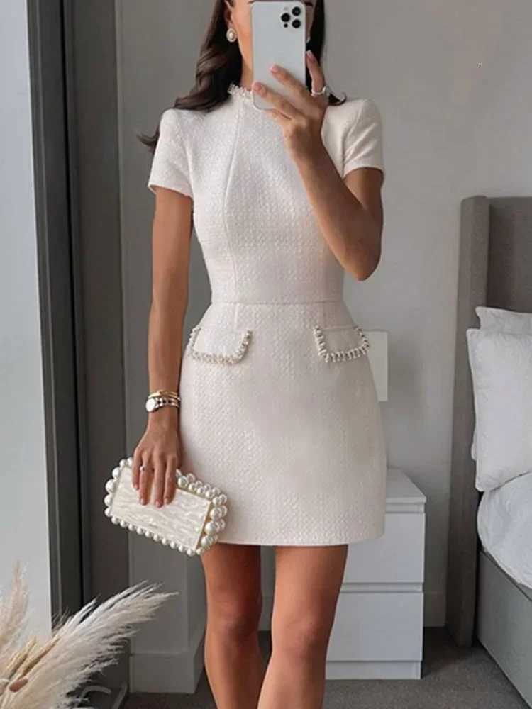 2025 New Elegant Glittery Spliced Beaded Mini Dress Women Elegant Mock Neck Short Sleeve High Waist Dresses Female Party GownT260314