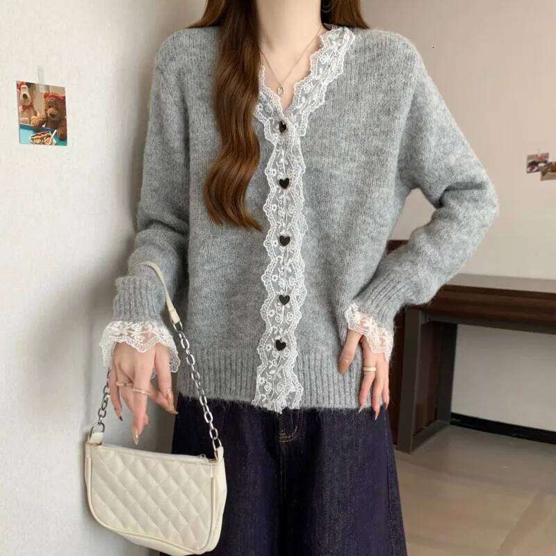 French Lace Edge Patchwork V-neck Women Cardigan Autumn Winter Lazy Style Loose Long Sleeves Single-Breasted Knitted Sweater Z260313