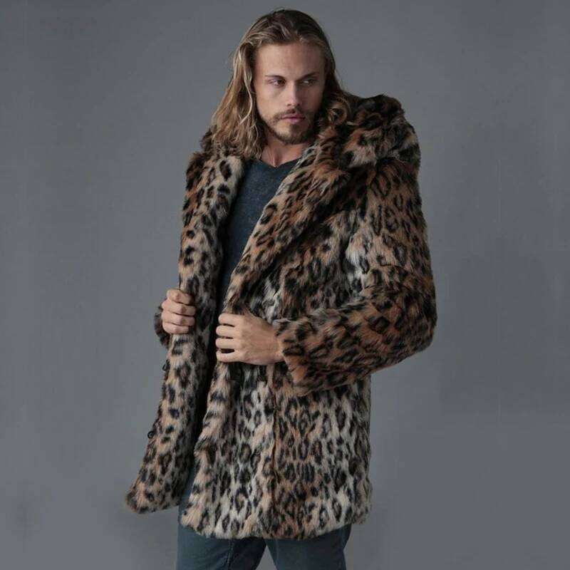 Plus Size Faux For Winter Male Leopard Jacket Long Style Hooded Overcoat Warm Men Fur Outerwear leisure Z260313