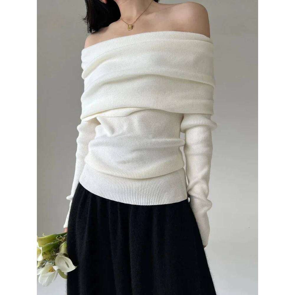2025 Autumn Winter Off Shoulder Women Sweaters Elegant Vintage Knitted Solid Jumper High Stretch Top Soft Chic Pullovers Z260313