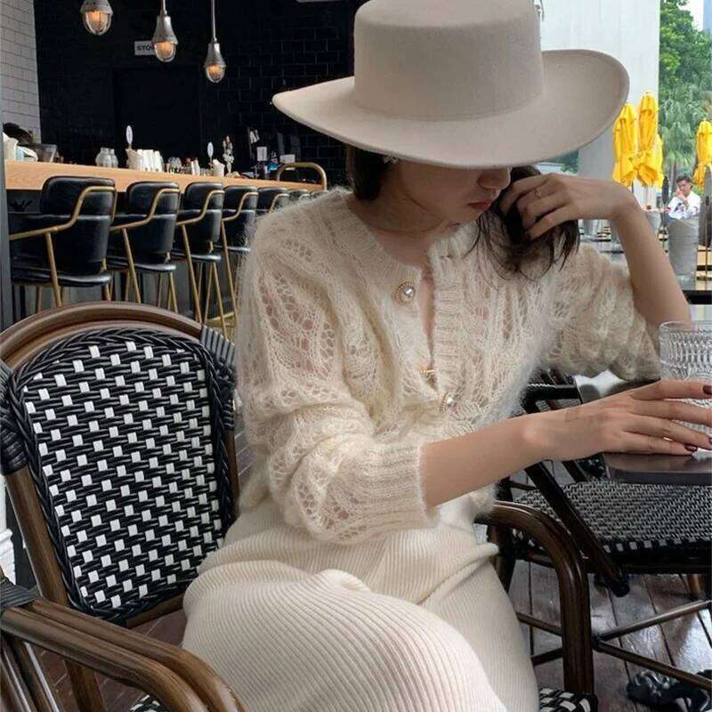 2025 French Style Mohair Cardigan Sweater Women Autumn Sexy Hollow Out Short Knitted Coats Mujer Y2K Chic Design Streetwear Tops Z260313