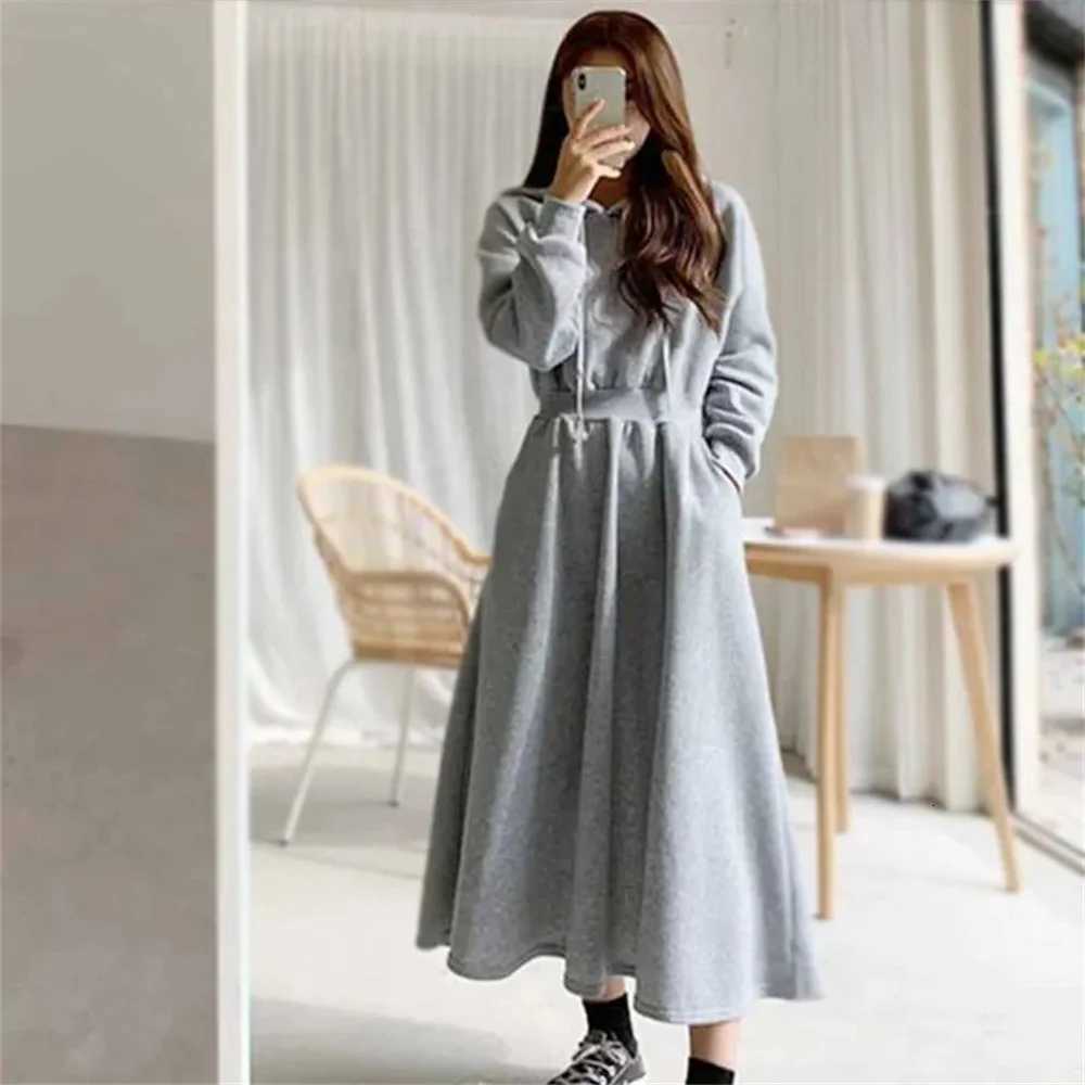 Hooded Hoodie Dresses Loose Dress Slimming Waist Casual Comfortable Long Skirt Korean Style Autumn Winter Simple Solid DressT260314