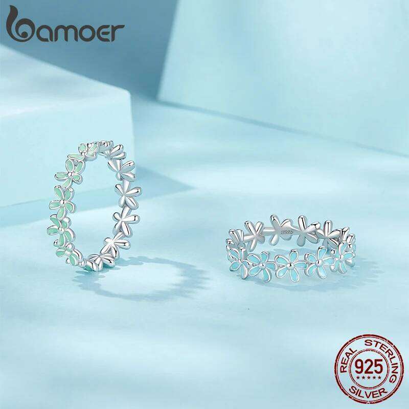 BAMOER 925 Sterling Silver Flower Rings Pink Wreath Finger Ring Stacking for Women Birthday Gift Sweet Romatic Fine Jewelry H260312