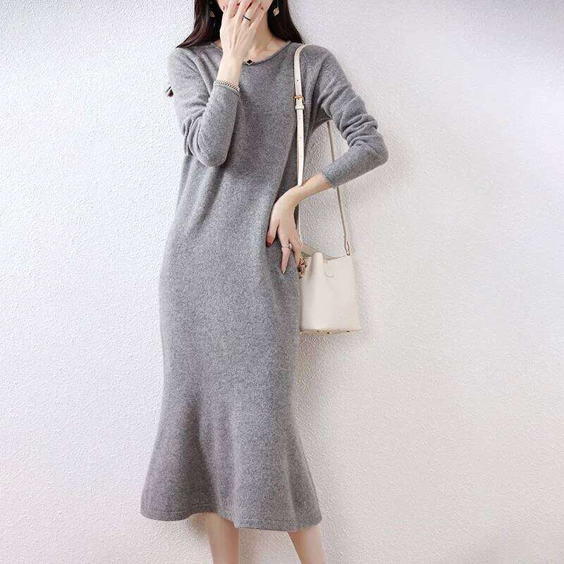 Elegant 100% Women Long Sleeve Curl O-neck Wool Knit Mermaid Sweater Skirt Spring Autumn Winter Fashion Female Dress Z260313